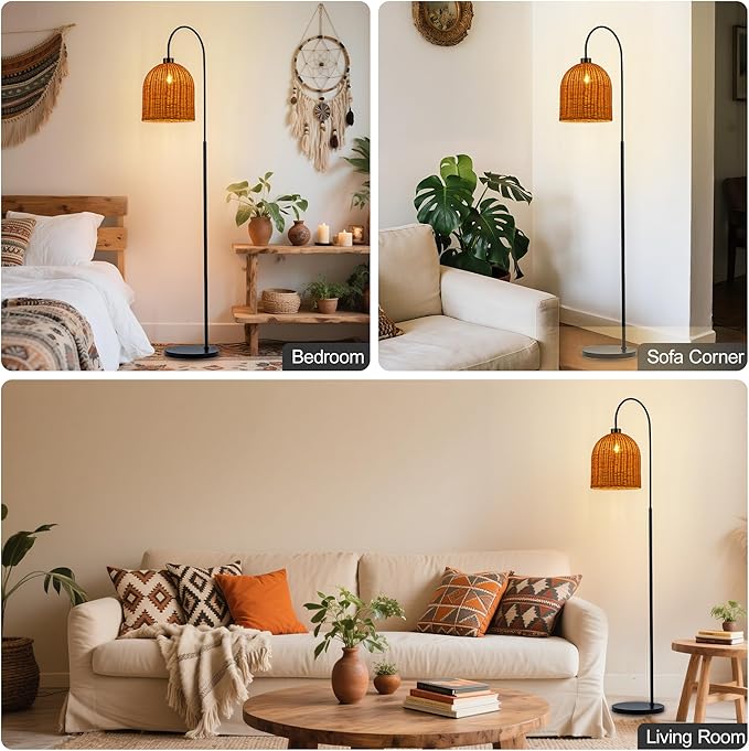 MAYNA Rattan Floor Lamp, 66 in. Bohemian Style Floor lamp with Natural Brown Rattan Shade, Rustic Curved Standing lamp for Coastal, Beach or Bohemian Decor (Coastal Black)