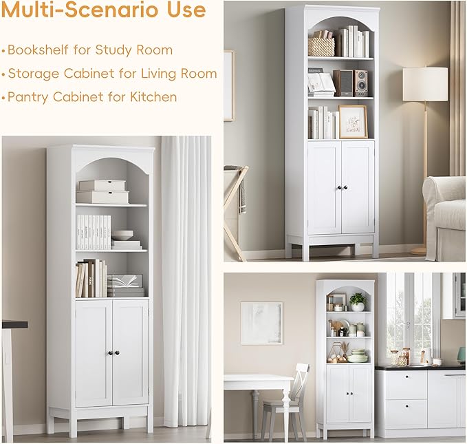 Bookshelf with Doors, 71" Tall Wood Book Shelf with Cabinet, 24" Wide Arched Bookcase with Adjustable Shelf, Floor Standing Display Storage Cabinet for Home Office, Study and Living Room, Modern White