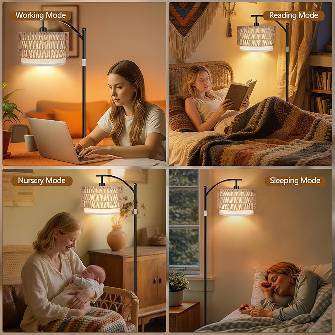 ROTTOGOON Arc Floor Lamps for Living Room, Boho Farmhouse Floor Lamp with Remote & Dimmable Bulb, Standing Lamp with Rattan & Fabric Shades, Adjustable Tall Lamp for Bedroom Office-Black