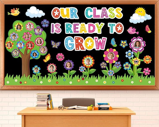 gisgfim Spring Bulletin Board Set Our Class is Ready to Grow Classroom Decorations Flower Butterfly Motivational Paper Cutouts for Spring Classroom School Chalkboard Door Wall Decor