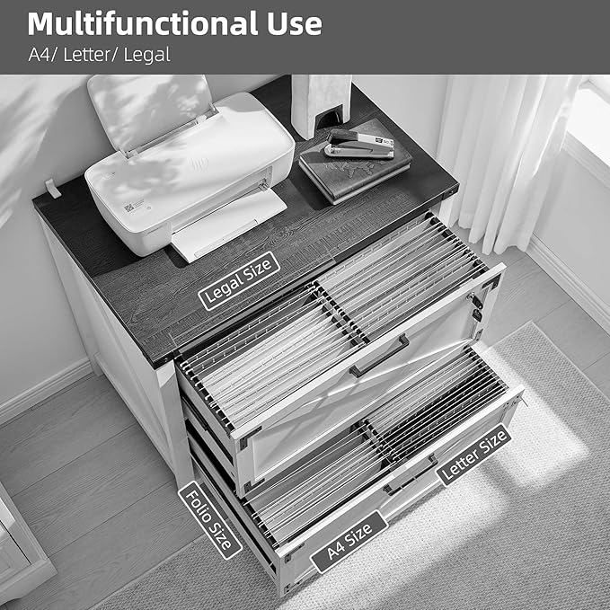JXQTLINGMU 2-Drawer Lateral File Cabinet with Lock,Engineered Wood Storage Cabinet Organizer with Durable Slide Rails,Home Office Cabinets for Office, Bathroom, Home, Laundry Room,Deep White