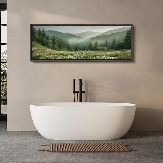 SIGNFORD Large Framed Canvas Print Wall Art Misty Green Valley Meadow Landscape Illustrations Modern Art Calm Warm for Living Room, Bedroom, Office - 60"x20"