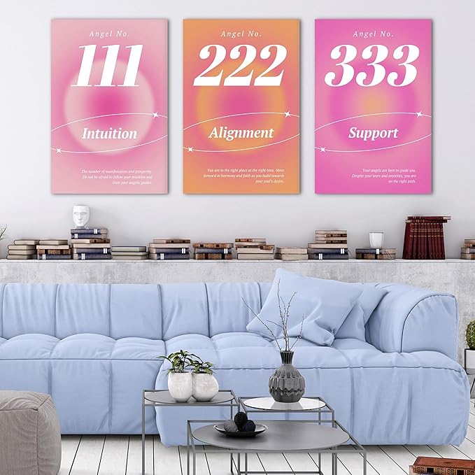Colorful Gradient Aura Angel Numbers Poster Canvas Print Artwork Room Decor for Bedroom Aesthetic, 3 Piece Framed Inspirational Minimalist Art Paintings Decor for Bedroom Office 20"x30" x 3 Pcs