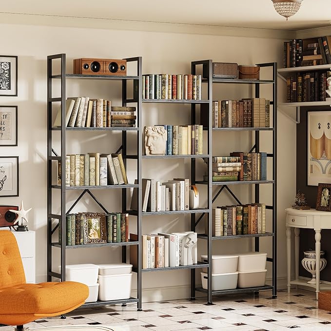SUPERJARE Triple Bookshelf, Bookcase with 14 Open Display Shelves, Wide Book Shelf Book Case for Home & Office, 5 Tier, Grey