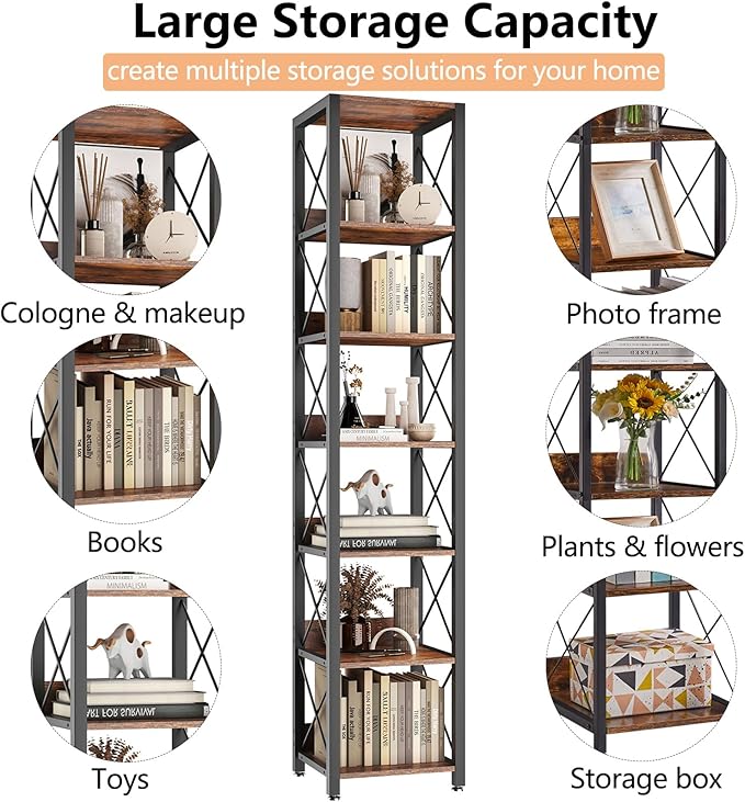IBUYKE 6-Tier Tall Narrow Bookcase,Wood Corner Shelf Storage Display Rack for Small Spaces,Free Standing Open Bookshelf Square Shelf Tower for Home Office Living Room Bathroom, Rustic Brown UTBC001H