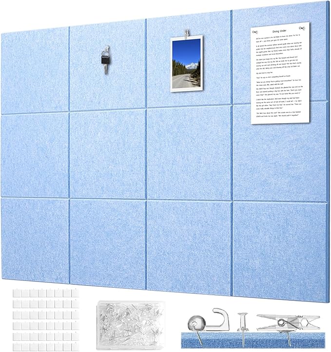 Felt Wall Tiles Bulletin Board Large Cork Board Alternative 12 Pack 11.81”x11.81”x0.47” Felt Pin Board Tack Board with Safe Removable Adhesive Tabs for Home Office School 48x36(Light Blue)
