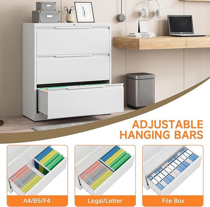 Coolsun Metal File Cabinet with Lock, 3 Drawer File Cabinet for Home Office, Lockable Lateral Filing Cabinet for A4/F4/Lagel/Letter Assembly Required (White, 3 Drawer Lateral)