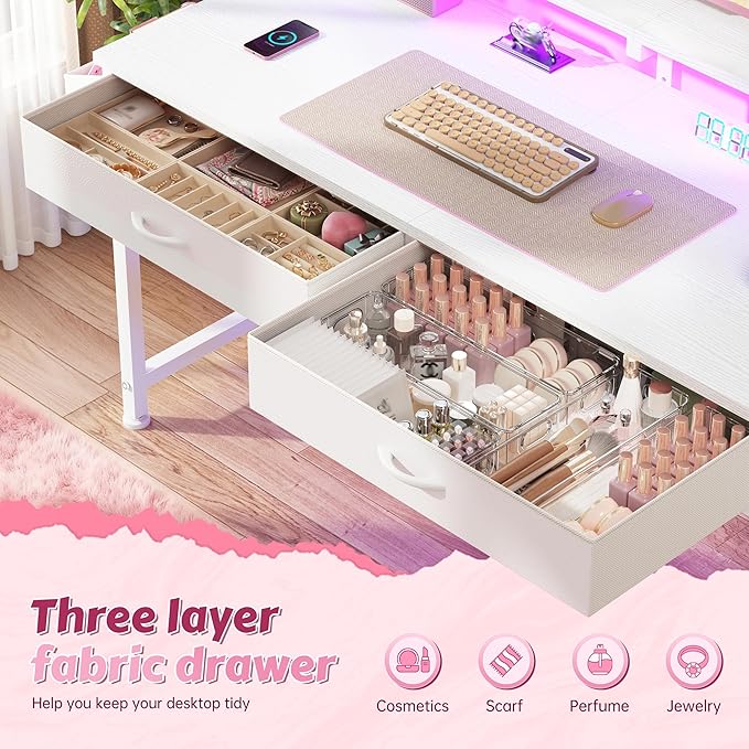 47.3Inch Computer Desk with 2 Drawers & LED Lights,Home Office Desks with Side Pocket,Gaming Desk Monitor Stand,Study Writing Table for Small Spaces,White