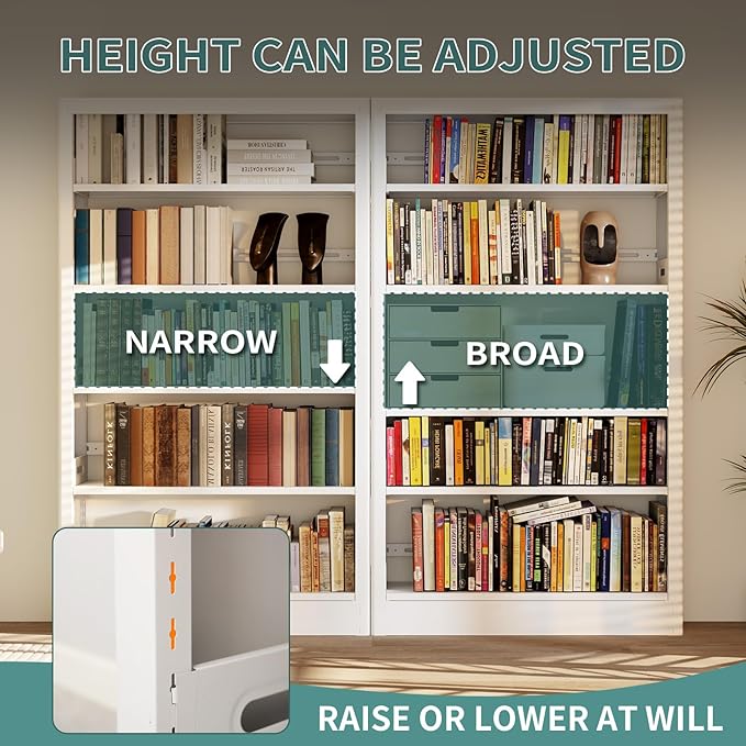 71" Metal Book Shelf, 5 Tier Bookshelf with Adjustable Shelves, Bookshleves and Bookcases, Heavy Duty Library Book Case, Expandable Combination Bookshelf (White, 108.3" W)