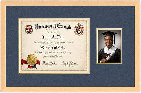 CountryArtHouse Fits 14 x 11 College Diploma (Modern) and 5 x 7 Photo Diploma and Photo Frame Natural Wood Genuine Hardwood with Navy Blue Over Metallic Gold Double mat
