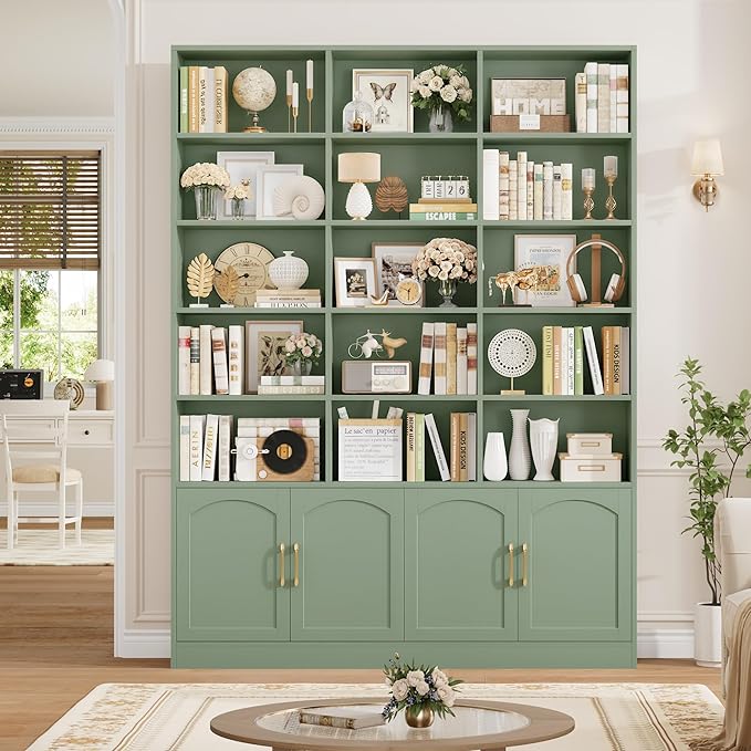 FACBOTALL 82.3" Triple Wide Bookshelf, 7-Tier Tall Bookcase with 15-Cube Open Bookshelf & 4 Doors, Large Bookshelf with Storage Cabinet, Modern Bookshelf for Living Room, Office, Study Room, Green