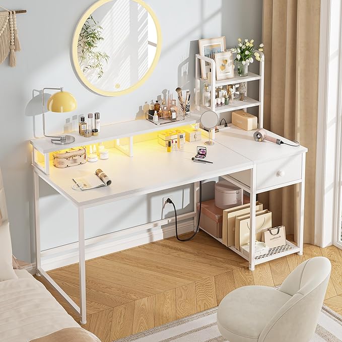 44 Inch Small White Computer Desk with Drawers and Hutch,Reversible Home Office Desk with Monitor Shelf,Gaming Desks with USB Power Outlets&Storage,Writing Table for Bedroom with LED Lights,White