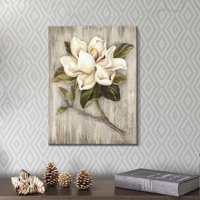 UTOP-art Floral Canvas Wall Art Painting White Rose Flower Green Leaves Hand Painted Texture Picture Artwork For Bedroom plant wall decor Bathroom Walls