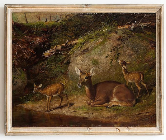 Kizbok Vintage Wall Art Decor Retro Deer and Fawn Canvas Prints Farmhouse Wall Decor Rustic Country Landscape Vintage Art Pictures for Nursery Bedroom Bathroom Office Decor(12" x 16"-UNFRAMED)