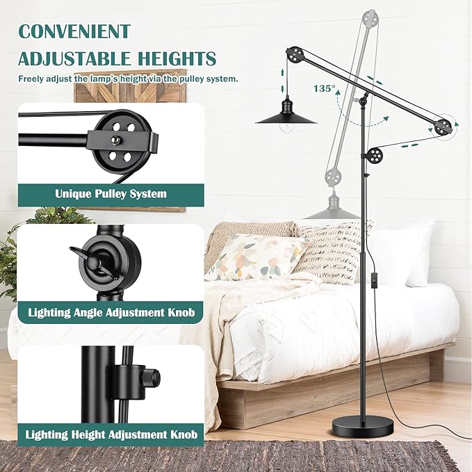 Adjustable Industrial Floor Lamps for Living Room - Rustic Reading Lamp with Pulley System, Modern Farmhouse Indoor Pole Task Lamp, Vintage Tall Standing Lamps for Bedroom Office, Blackened Bronze
