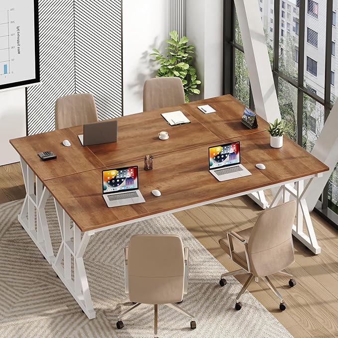 TVU Computer Desk, 63 inch Large Office Desk, Study Writing Table with Thicken Frame, Gaming Desk, Modern Simple Desk for Home Office, Brown