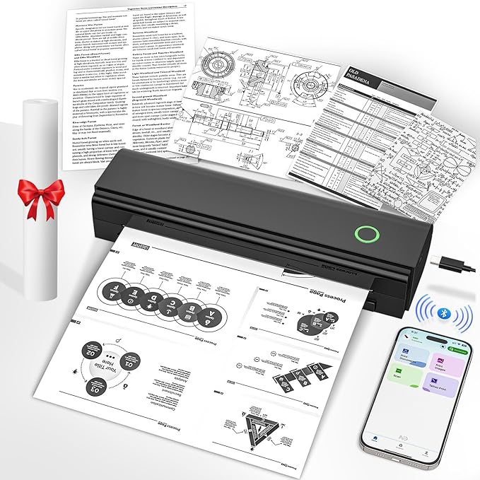 Portable Printers Wireless for Travel, Bluetooth Thermal Printer Supports 8.5" x 11" US Letter & A4 Size, Inkless Mobile Printer Work with Android iPhone Laptop for Home Office School, Black