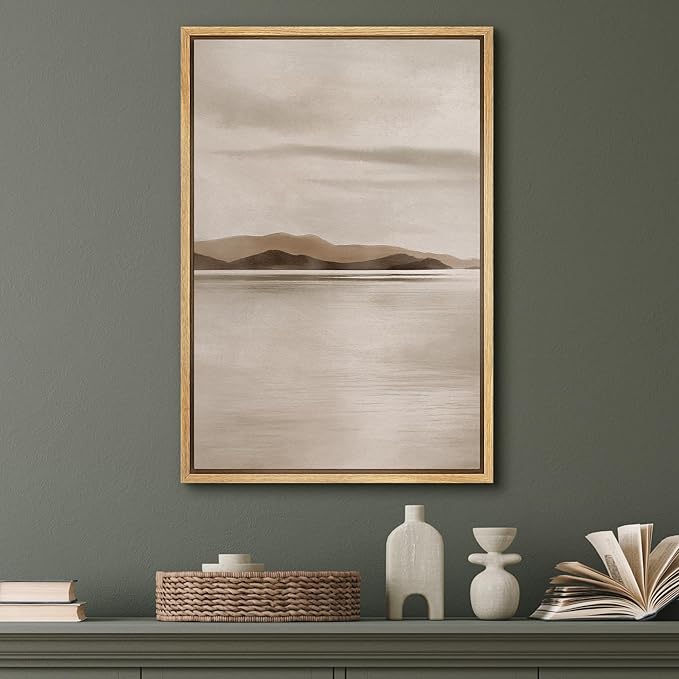 SIGNFORD Framed Canvas Print Wall Art Distant Mountains and Still Water Illustration Minimalism Decorative Colorful Mid-Century for Living Room, Bedroom, Office - 16"x24" NATURAL