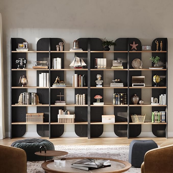 Tribesigns 5-Tier Farmhouse Bookshelf, 70.87-Inch Tall Double Wide Bookcase with Open Shelves, Vintage Floor Standing Book Shelf (1, Black+Brown)