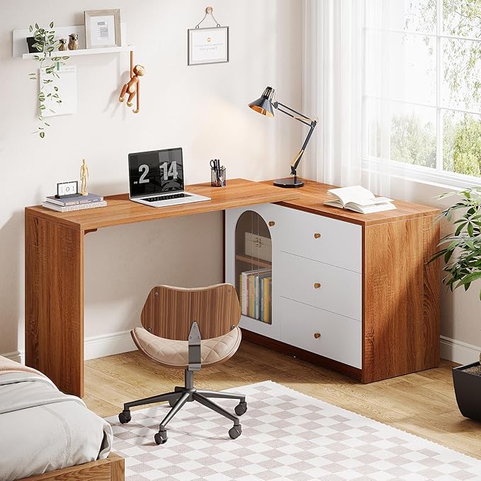Tribesigns L Shaped Computer Desk with Drawers, Modern Corner Home Office Desk with Reversible Storage Cabinet, Long Study Writing Desk Workstation for Home Office, Rustic Brown