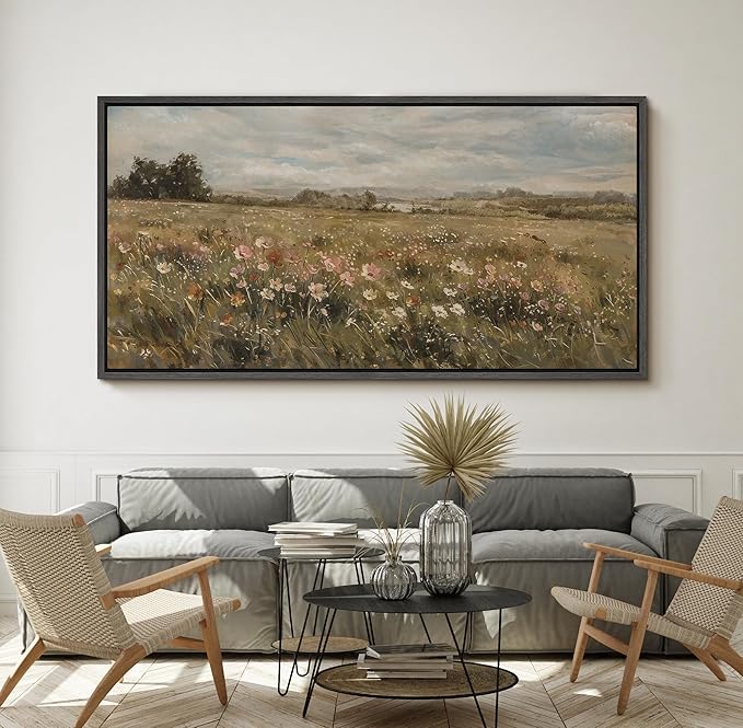SIGNFORD Extra Large Framed Canvas Pastoral Flower Field Landscape Classic Illustrations Modern Art Calm Warm for Living Room, Bedroom, Office - 60"x30"