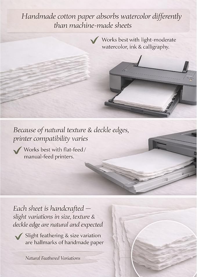 Handmade White Deckle Edge Blank Paper - 2x3 Inch Package of 50 - Mixed Media Loose Leaf Paper for Placecards, Vow Cards, Thick 150 GSM