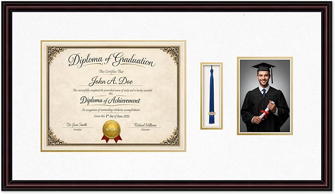 Diploma Tassel and Photo Frame Executive Brown Shadowbox Oyster Shell Over Gold Mat - Fits 13 x 10 Degree Picture Made in the USA