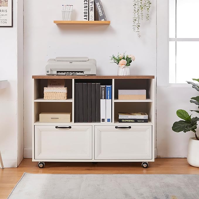 40" Lateral File Cabinet with Wheels,Farmhouse Wood File Cabinets with shelve,Filing Cabinets with 2 Drawers for Legal/Letter/ A4 Size