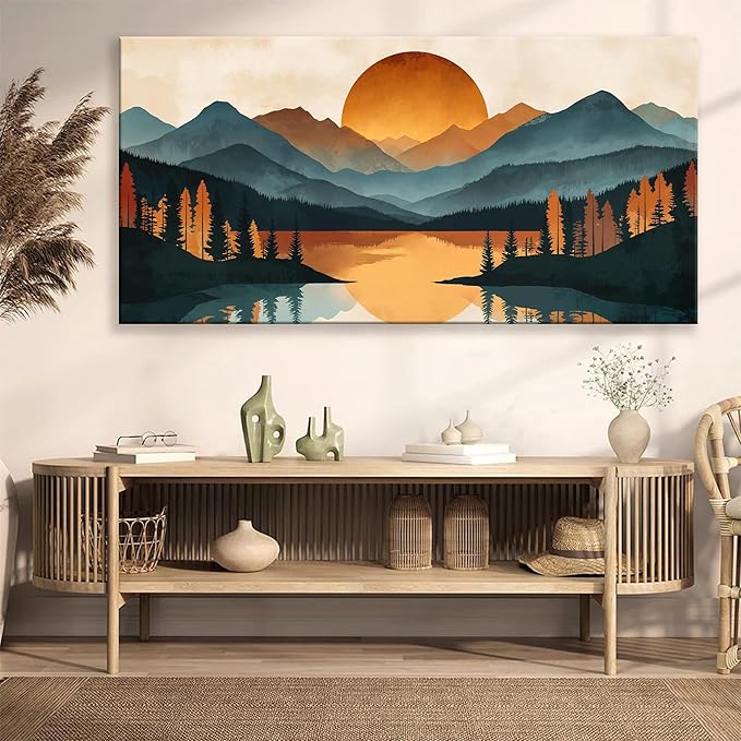 Colorful Mountain Boho Wall Art For Living Room Large Size Canvas Art Wall Decor For Office Modern Bedroom Decorations Forest River Landscape Pictures Paintings Artwork Mural Aesthetic Artwork 29 X 58 In