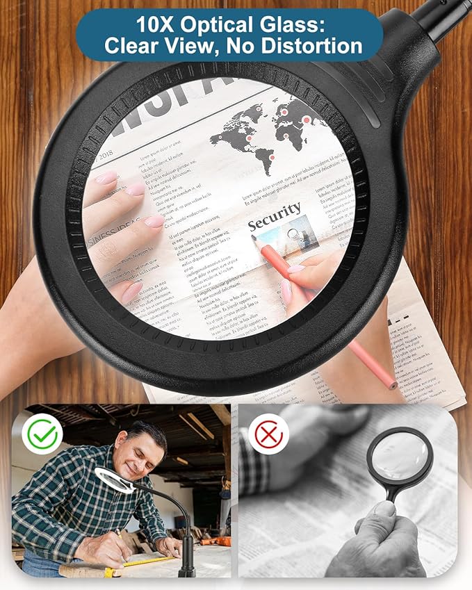 10X Magnifying Glass with Light and Stand, LED 5 Color Modes, Brightness Stepless Dimming Lighted Magnifier Hands Free with Flexible Goose-neck Desk Clamp Lamp for Close Works, Crafts, Hobby, Painting