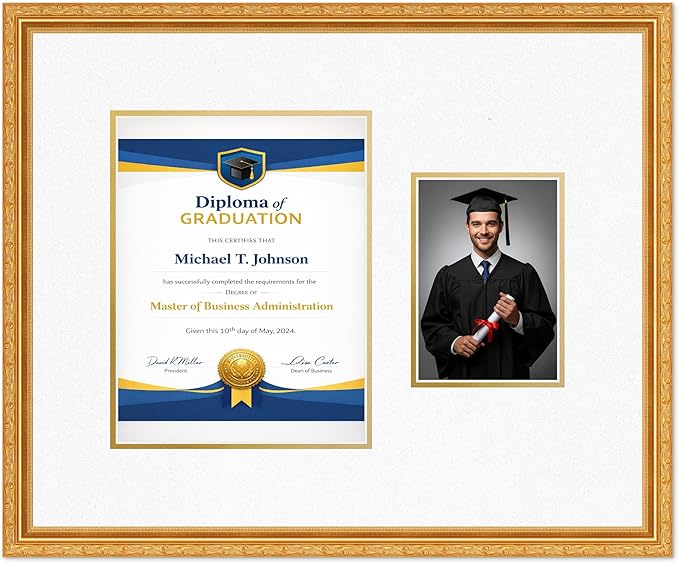 Diploma Frame With Photo Opening Museum Gold Oyster Shell Over Gold Mat - Fits 8.5 x 11 Degree and Picture Made in the USA