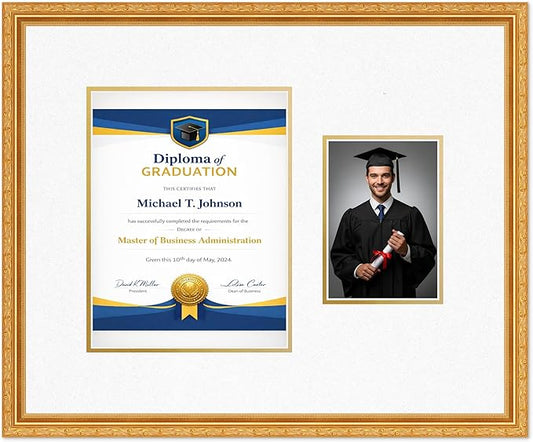 Diploma Frame With Photo Opening Museum Gold Oyster Shell Over Gold Mat - Fits 8.5 x 11 Degree and Picture Made in the USA