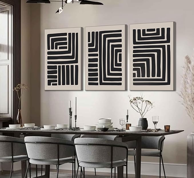 3 Pcs Boho Abstract Lines Canvas Wall Art Modern Neutral Minimalist Bohemian Black Geometric Line Picture Wall Decor Poster Print Artwork for Living Room Bedroom Office Home Decoration