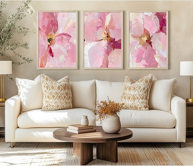 Abstract Floral Wall Art Pink Flower Canvas Pictures Modern Wall Decor Blush Pastel Pink Prints Peony Painting Minimalist Poster Botanical Artwork for Bedroom Living Room 12x16x3 Inch Wood Framed