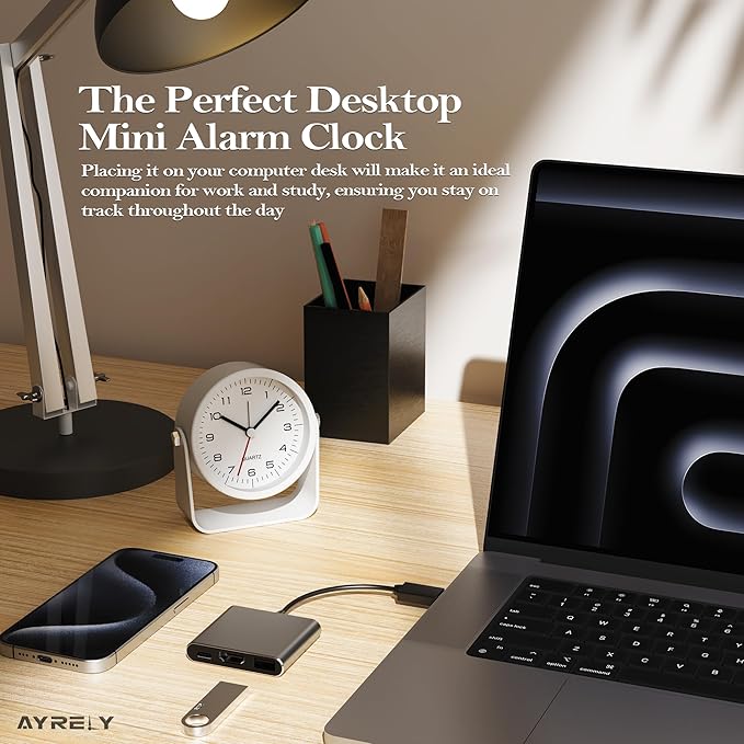 AYRELY® 3.5 Inch Small Analog Alarm Clocks,Battery Operated Desk Clock,Cute Table Clock with Light，Adjustable Angle for Travel,Bedside,Bedroom,Kids,Living Room Decor (White)