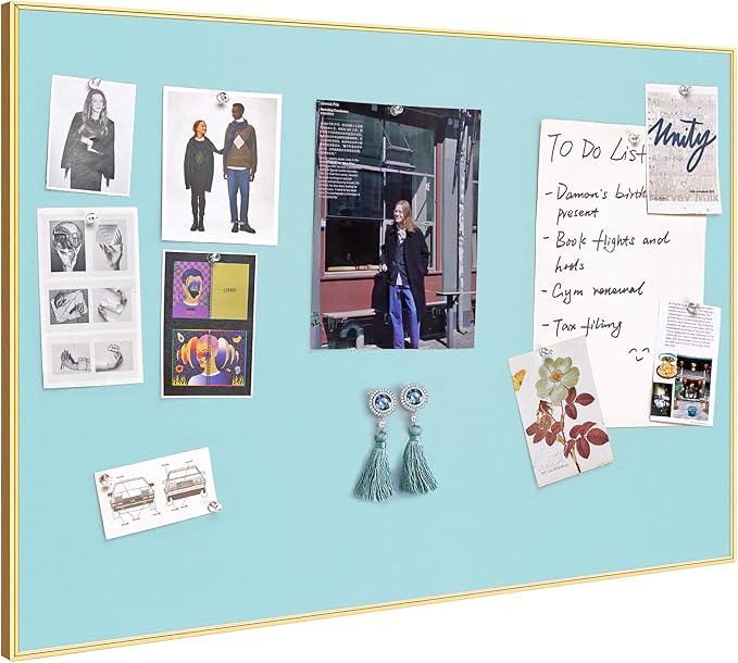 Bulletin Board 30 x 20 inches, Dark Blue Pin Board, Golden Aluminum Framed Fabric Cork Board with 10 Push Pins