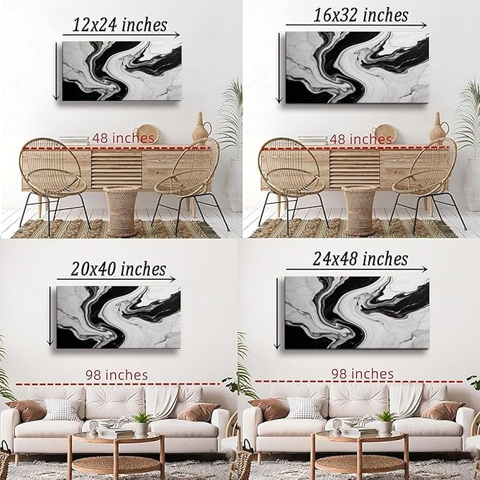 Black White Abstract Marble Framed Canvas Wall Art for Living Room, Modern Wall Decor 58" L x 28" W