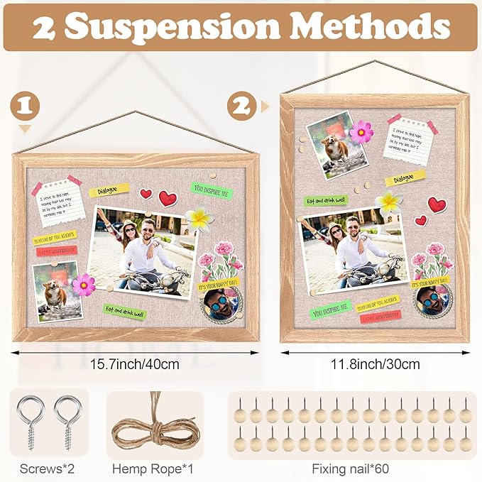 Teling 6 Pack Wood Bulletin Boards with Linen 12''x 16'' Cork Board for Walls with 60 Pushpin Decorative Wood Framed Display for Classroom School Office Bedroom (Brown)