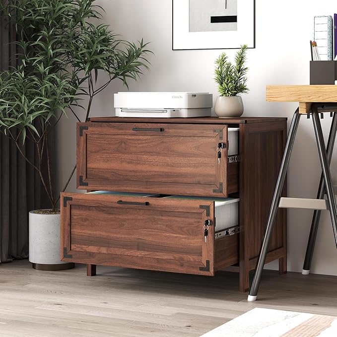 2 Drawer File Cabinet with Lock, Home Office Filing Organizer, for Letter Legal A4 Size Labeled Folders File Folder Storage, Wood Lateral Filing Cabinet (Walnut-W31.5*D20*H28.98in)