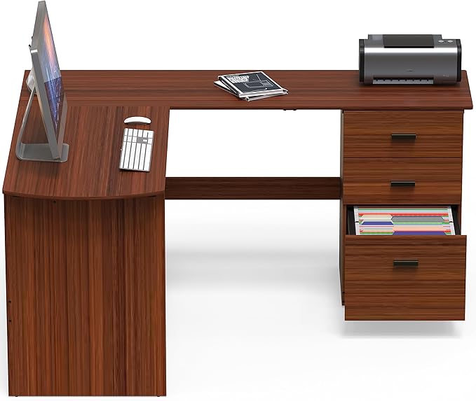 SHW 51 x 59 Inches L-Shaped Home Office Wood Corner Desk with Box Box File Drawers, Walnut