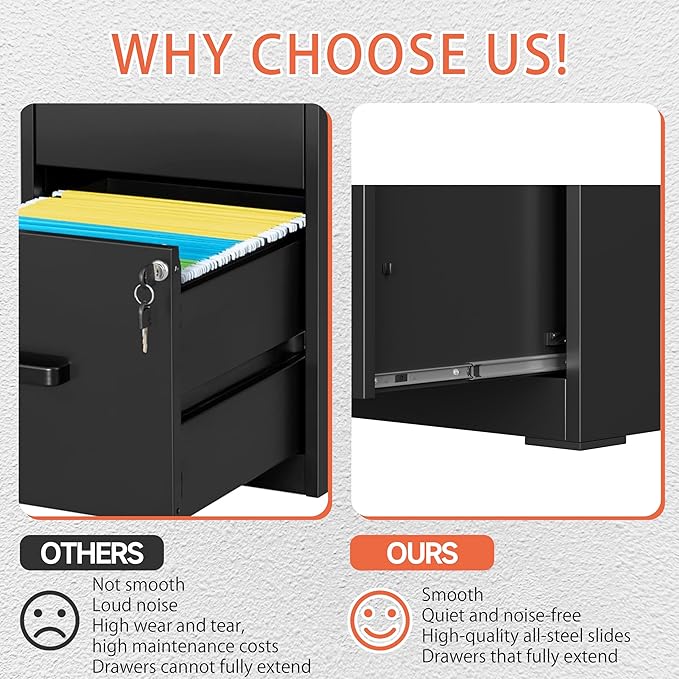 2 Drawer File Cabinet with Lock,Black Metal Filing Cabinets,Steel Vertical Fit Hanging Files, Letter,File Box and A4 Documents-Assembly Require