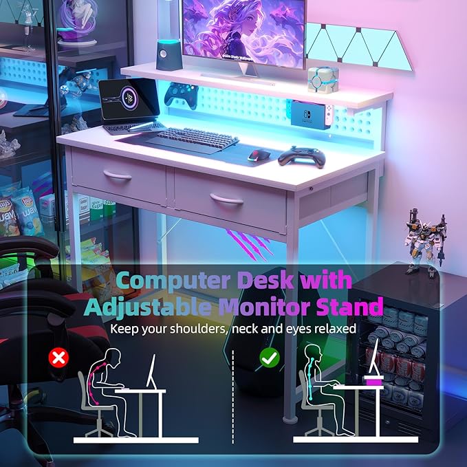 MUTUN Small Desk with Drawers, 31 Inch Computer Desk with Power Outlet & LED Light, Gaming Desk with Adjustable Monitor Stand & Pegboard, Modern PC Study Writing Table for Bedroom, White