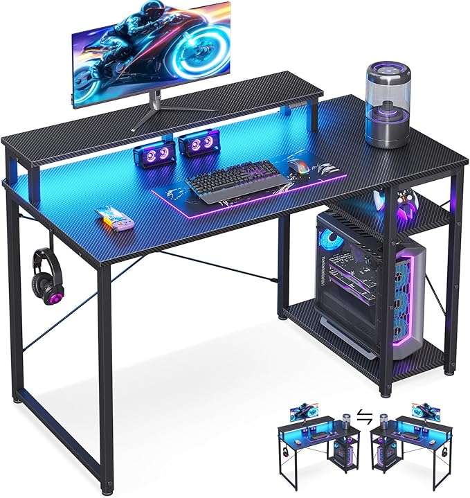 MOTPK 40 Inch Small Gaming Desk with Storage & Led Lights, Computer Desk with Shelf, Reversible Gamer Desk with Monitor Stand, Carbon Fiber Texture Black