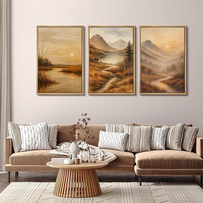 SIGNFORD Framed Wall Art Print Set Golden Hour Mountain River Serene Nature Landscape Digital Art Modern Art Contemporary for Living Room, Bedroom, Office - 16"x24"x3 Natural