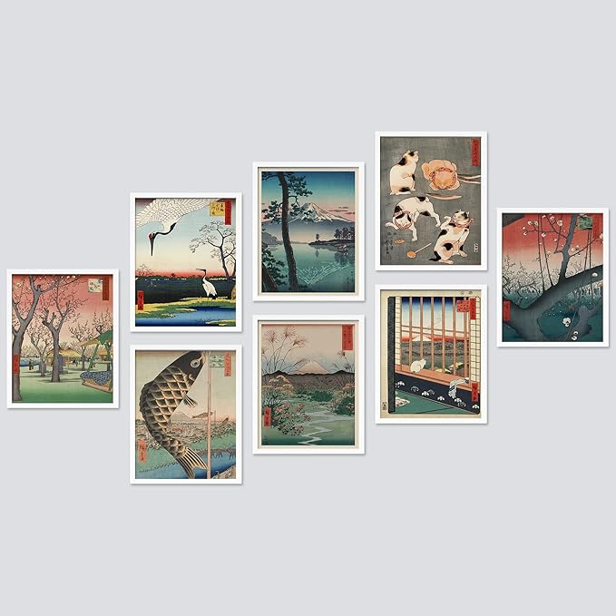 SIGNWIN Framed Poster Wall Art Set of Koinobori The Carp Fish, Plum Park Landscape with 2 Cranes from One Hundred, Plum Blossom in Garden for Living Room, Bedroom, Office - 12"x16"x 8 White