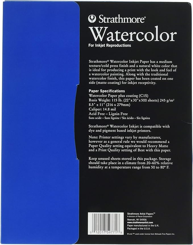 Strathmore Inkjet Watercolor Paper, 8.5x11 inches, 8 Sheets (115lb/245g) - Artist Paper for Adults and Students - Watercolors, Mixed Media, Markers and Art Journaling