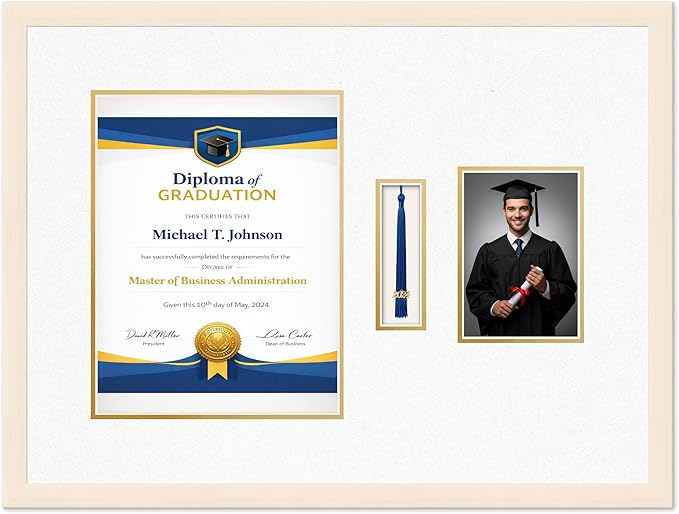 Diploma Tassel and Photo Frame Coastal Whitewash Shadowbox Oyster Shell Over Gold Mat - Fits 10 x 13 Degree Picture Made in the USA