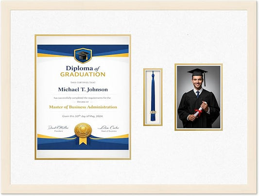 Diploma Tassel and Photo Frame Coastal Whitewash Shadowbox Oyster Shell Over Gold Mat - Fits 10 x 13 Degree Picture Made in the USA