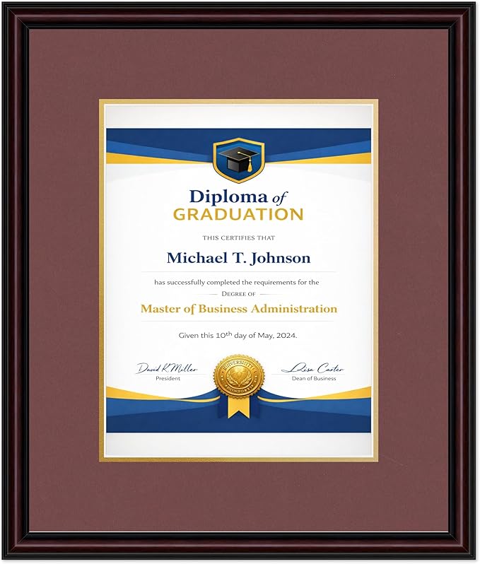 Diploma Frame Executive Brown with Dark Red Over Gold Double Mat - Fits 10 x 13 College Diploma (Portrait Traditional) Wall Display Made in the USA