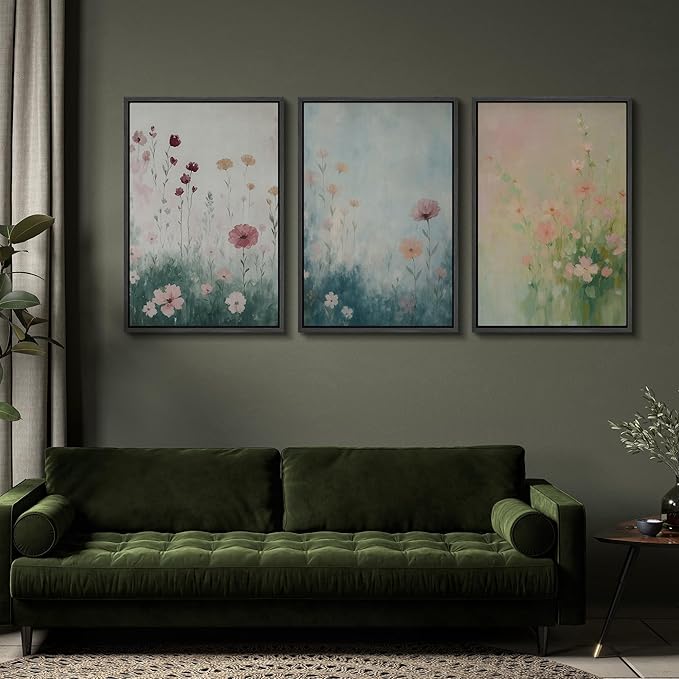 SIGNFORD Framed Wall Art Print Set Pastel Wildflower Meadow Soft Botanical Digital Art Modern Art Contemporary for Living Room, Bedroom, Office - 16"x24"x3 BLACK
